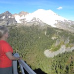 Pam at Park Butte Lookout Tower, overlooking Mt Baker