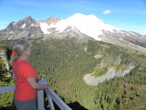 Pam at Park Butte Lookout Tower, overlooking Mt Baker